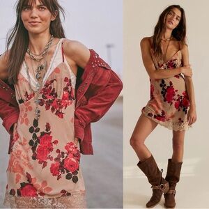 Free People Dainty Ethereal Need To Know Mini Slip Dress Tan Combo XS 90s Y2K